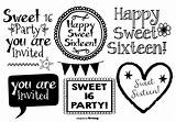 Sweet 16 Coloring Birthday Pages Vector Lables Drawn Cute Typographic Label Set Template Sketch sketch template