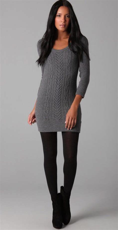 Cute Winter Outfit Form Fitting Sweater Dress Tights And Boots