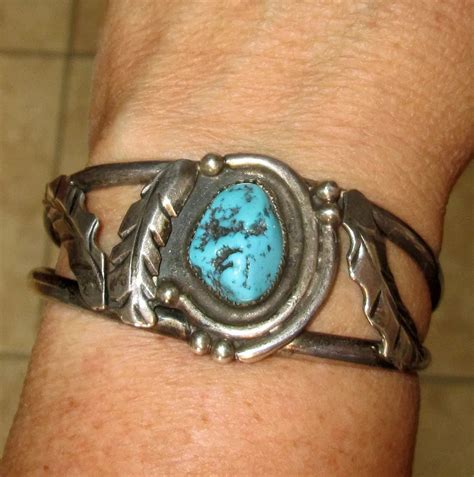 native american navaho silver cuff with turquoise turtle creek