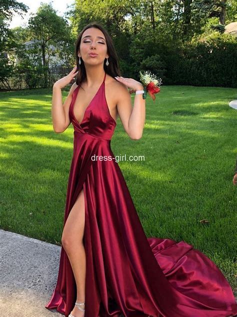 Sexy A Line Deep V Neck Backless Dark Red Satin Long Prom