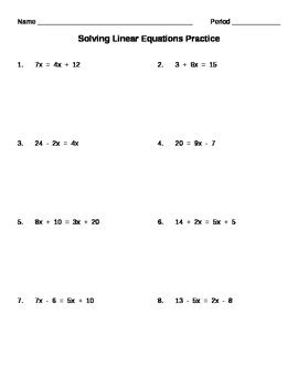 solving linear equations worksheet  midwest math tpt