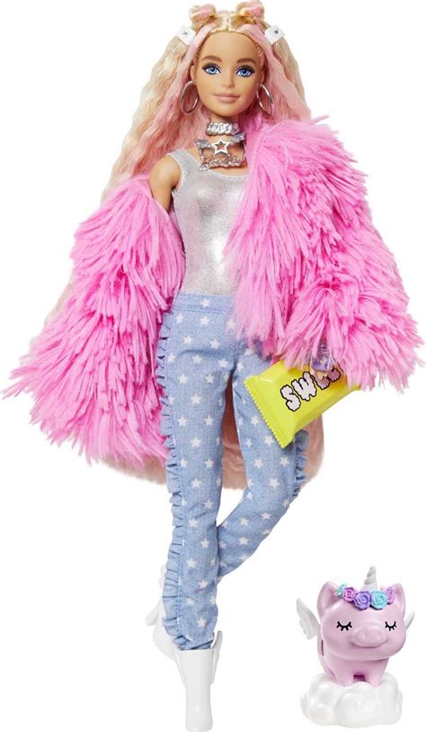 barbie extra fashion doll with crimped hair in fluffy pink coat with