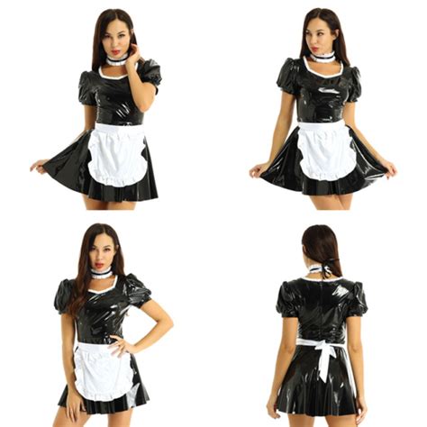 women adults wet look french maid uniform halloween party cosplay