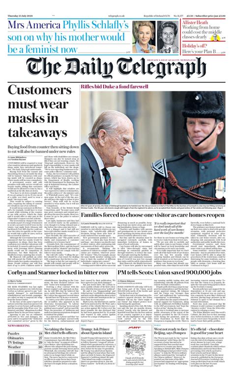 Daily Telegraph Front Page 23rd Of July 2020 Today S Papers
