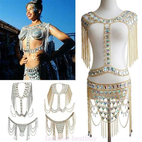 harness crystal rhinestone bra chest tassel skirt body chain necklace