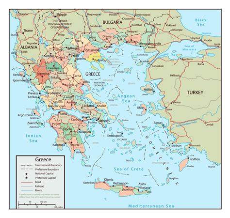 large political  administrative map  greece  roads  major cities greece europe
