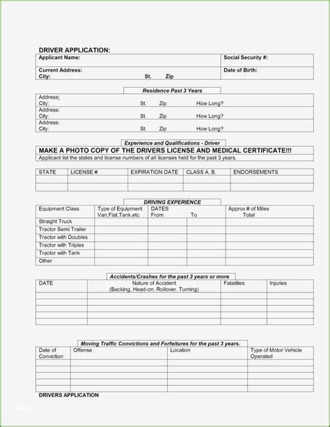 printable  truck driver application template