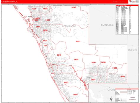 Sarasota County Fl Zip Code Wall Map Red Line Style By