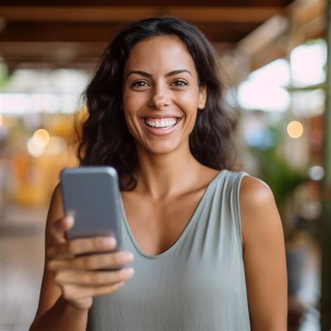 Premium Ai Image A Woman Smiles While Holding A Phone And Smiling