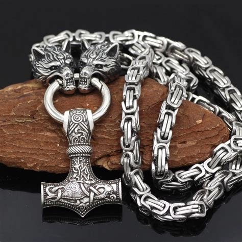 massive stainless steel wolf king chain with mjolnir ancient