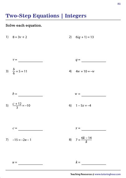 step equations  integers worksheets