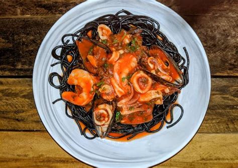 Recipe Of Homemade Squid Ink Seafood Pasta For Dinner Food