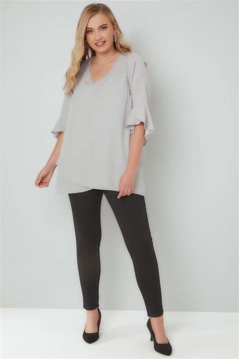 grey embellished layered chiffon top with flute sleeves plus size 16 to 36