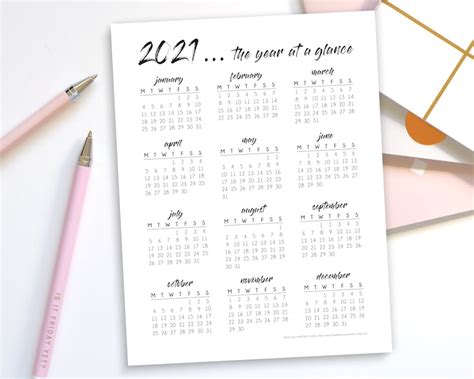 year   glance printable yearly calendar overview etsy