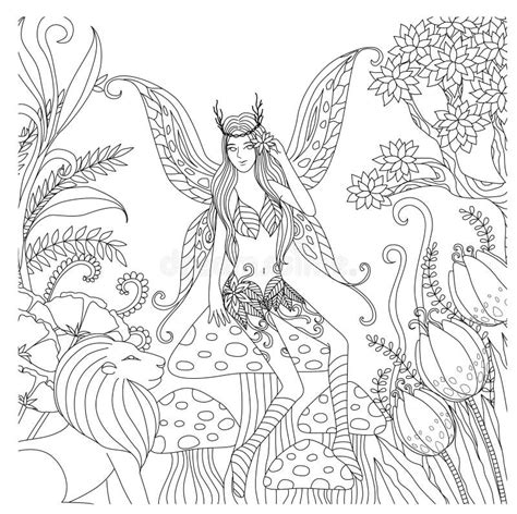hand drawn fairy playing   forest  coloring book  adult
