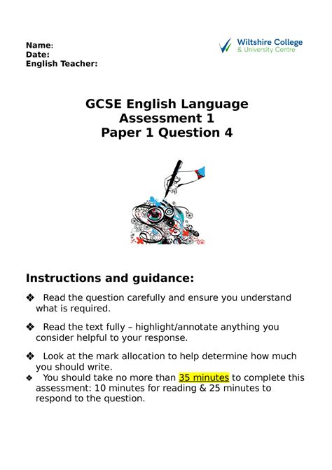 pq assessment  notes  date english teacher gcse english