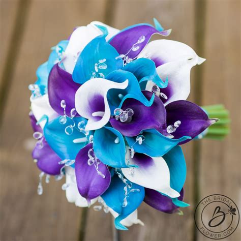 purple and turquoise calla lily wedding bouquet with crystals the