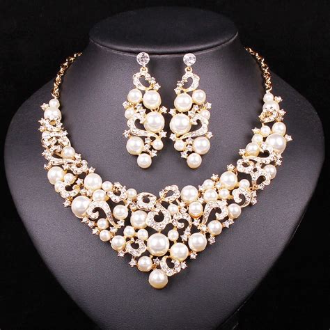 luxury pearl jewelry sets  brides wedding party costume jewelery bridal necklace earring set