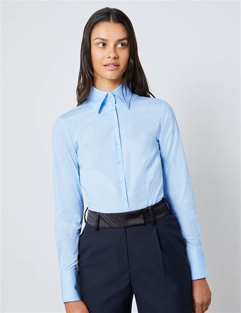 cotton stretch women s fitted shirt with high long collar and single