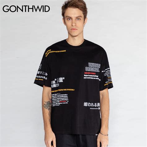 Gonthwid Japanese Chinese Characters Printed T Shirts 2019 Summer Mens