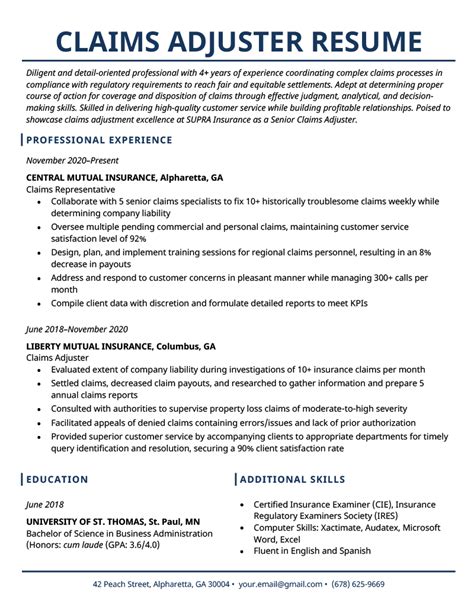 claims resume sample