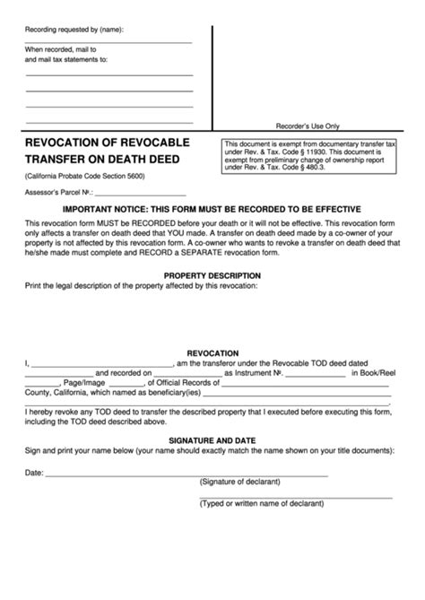 fillable revocation  revocable transfer  death deed form printable