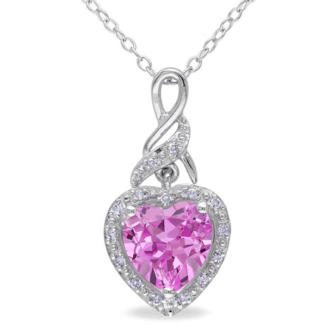 sterling silver  cttw created pink sapphire   cttw diamond heart pendant jewelry