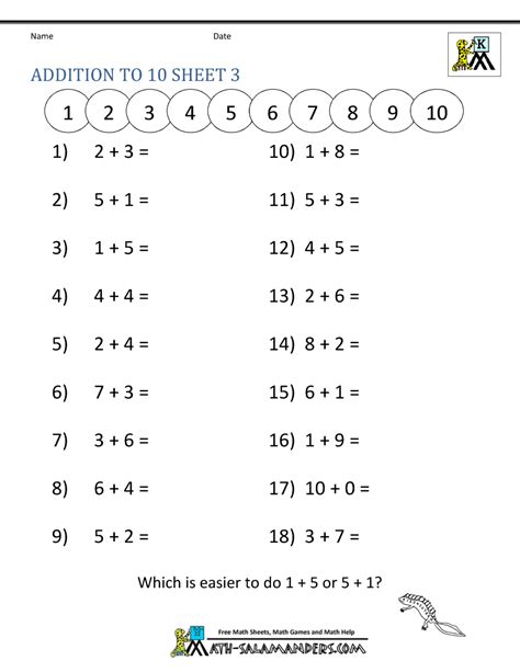 addition  subtraction worksheets  kindergarten