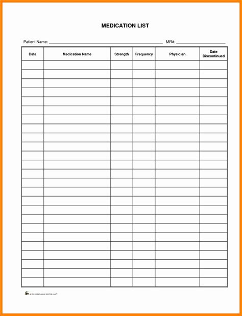 medication list template medication list medication chart printable