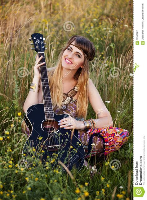 Beautiful Hippie Girl With A Guitar Stock Image Image Of Harvest