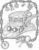 Coloring Steampunk Hat Pages Top Adult Mechanical Drawing Printable Book Coloriage Drawings Colouring Dessin Print Colorier Ladybug Chains Keys Feather sketch template