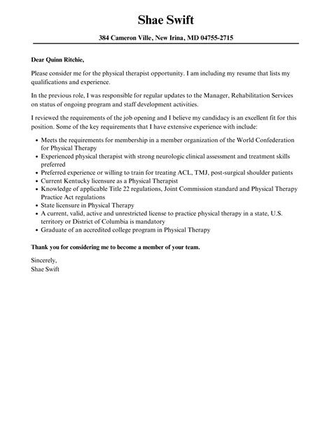 physical therapy cover letter