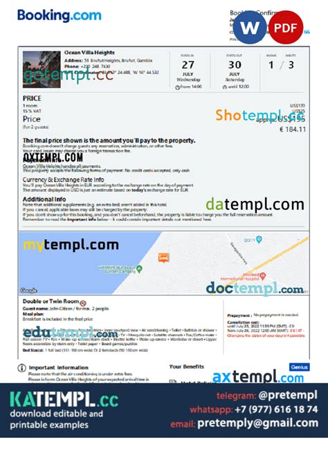 gambia hotel booking confirmation word   template  pages katempl