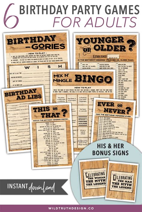 7pc Printable Birthday Party Paper Games For Men Wood