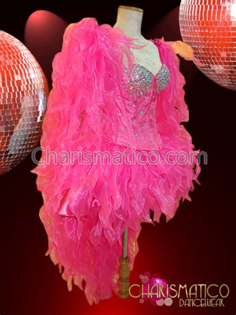 shimmery hot pink fluffy flame ruffle burlesque diva corset dress
