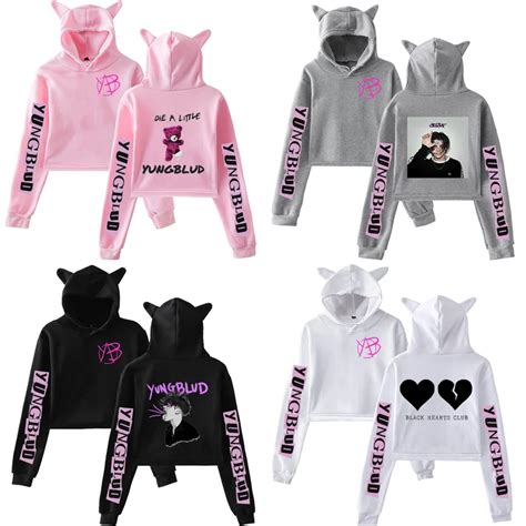 cool yungblud hoodies  women  colors girls cat ear style pink pullovers female cat crop top
