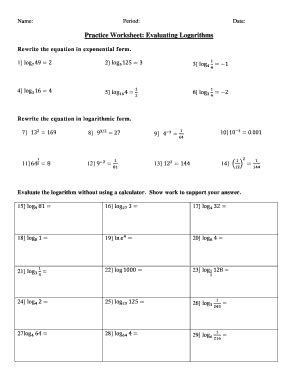 practice worksheet evaluating logarithms fill  printable