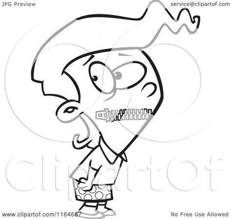 Cartoon Of An Outlined Girl With Her Mouth Zipped Shut