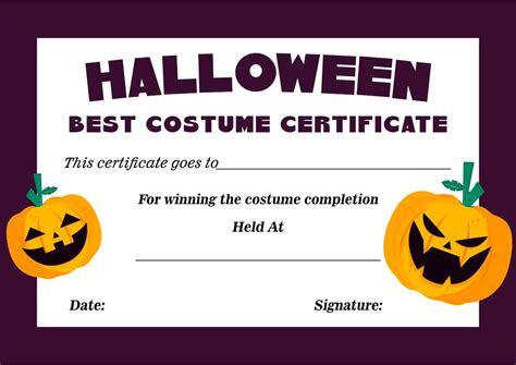 halloween costume certificate template  printable templates