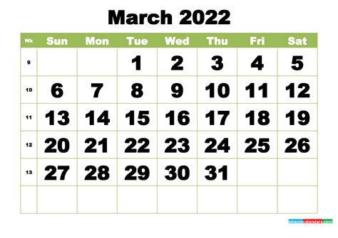 printable monthly calendar march