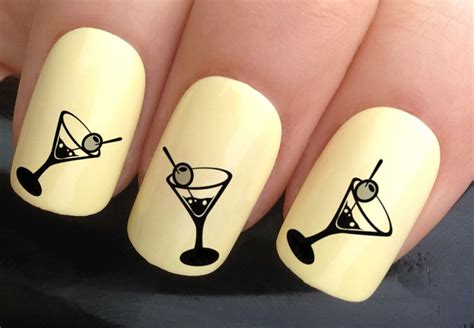 nail decals  black martini olive drink party glasses water