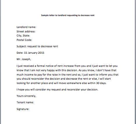 letter  landlord request  reduction  rent   landlord