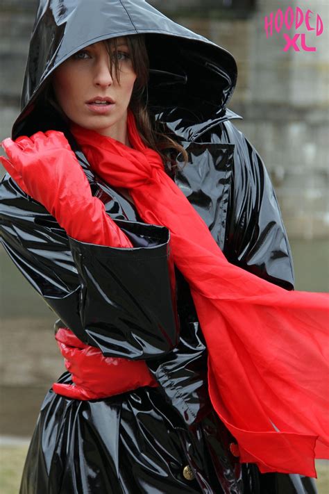 shiny black vinyl raincoat red gloves raincoat regenmode