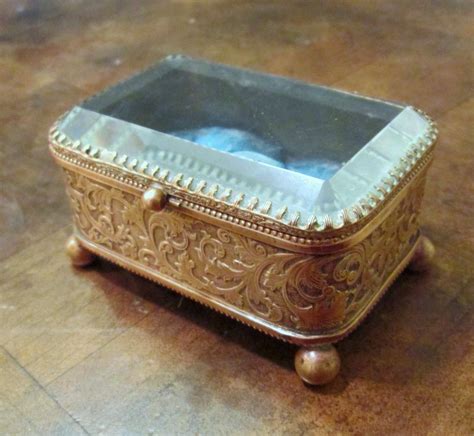 Vintage Brass With Beveled Glass Top Trinket Box Circa 1910 From