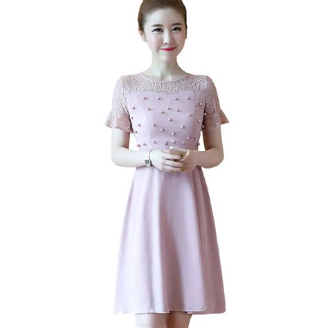 Summer 2017 Korean Style Elegant Dress Woman Cute Pink Lace Patchwork
