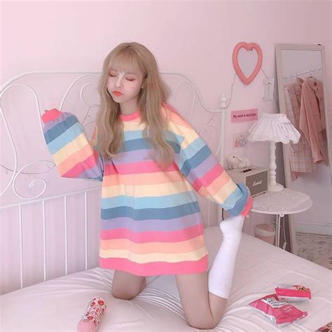 korean pastel soft girl rainbow tee rainbow l in 2021 kawaii