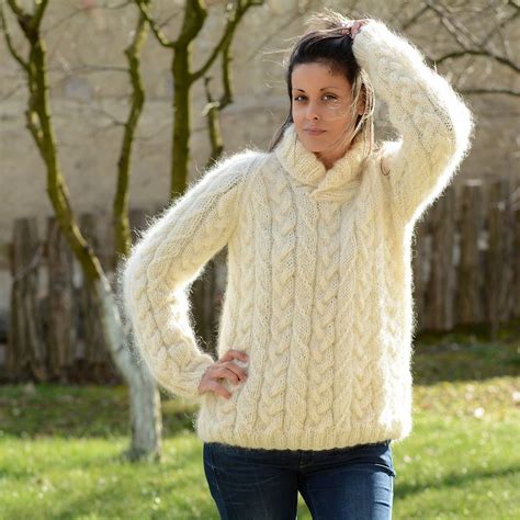 White Cable Hand Knit Mohair Sweater Shawl By Extravagantza