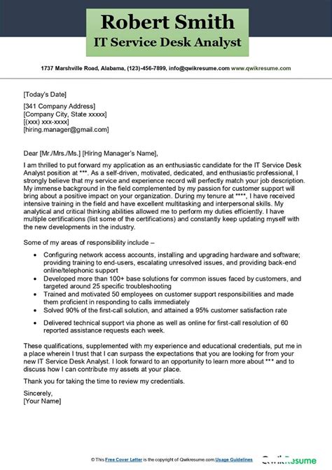 service desk analyst cover letter examples qwikresume