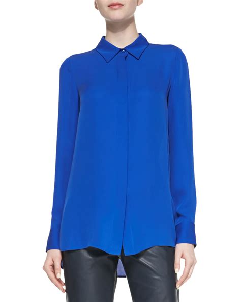 vince classic long sleeve silk blouse in blue cobalt lyst