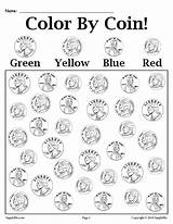 Coin Color Worksheet Money Printable Worksheets Coins Kindergarten Simple Recognition sketch template